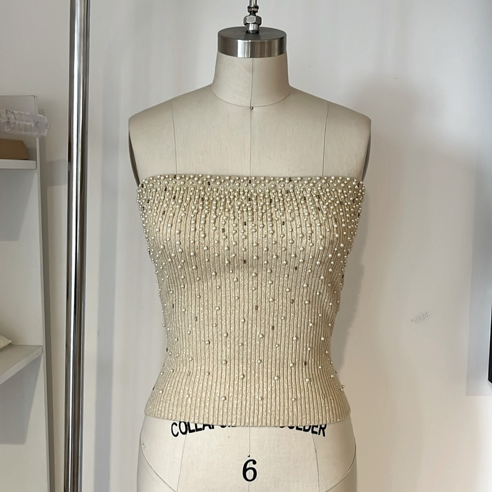 Vintage Y2K Cache Rib Knit Tube Top W/ Pearl Embellishment